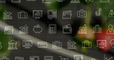 Financial icon grid overlay on blurred green background for fintech analytics design ui