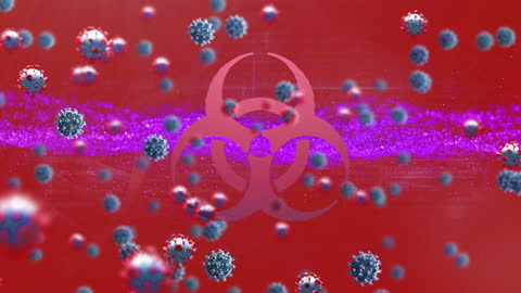 Biohazard Symbol with Virus Cells on Red Background