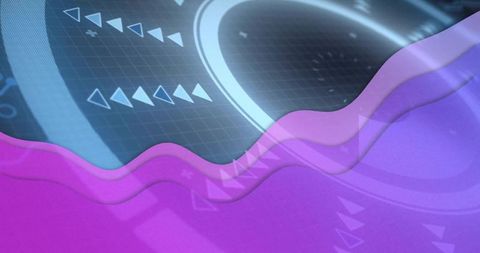 Translucent magenta and purple waves revealing futuristic HUD interface with neon grid