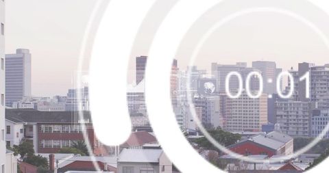 Urban Skyline at Dawn with Countdown Graphic Overlay