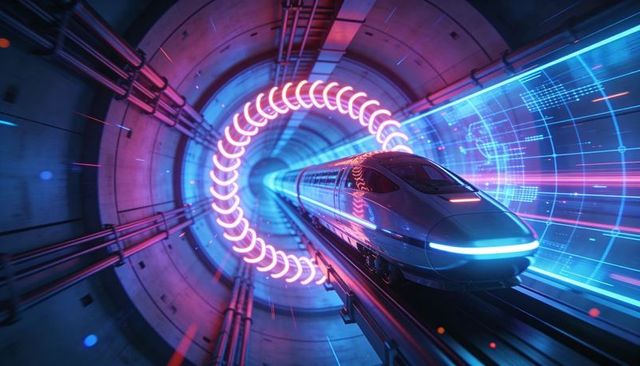 Gliding neon-lit maglev train through futuristic tunnel with holographic grid
