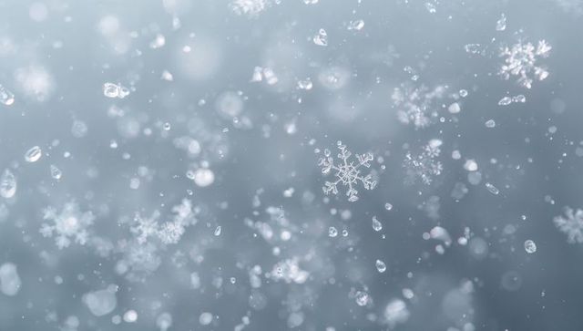Glittering hexagonal snowflake floating in soft frosty bokeh scene, macro crystal closeup