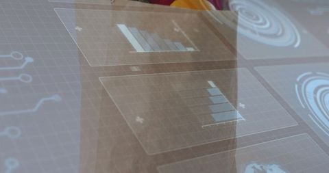 Holographic data dashboard displaying translucent glass panels with blue analytics ui