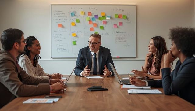Corporate leadership meeting with executive leading strategy discussion at boardroom table