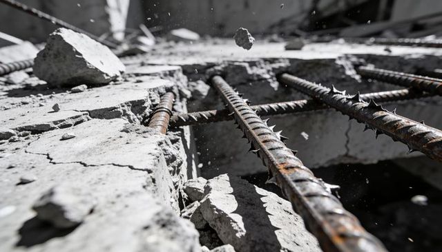 Revealing rusted ribbed rebar emerging from broken concrete slab with suspended dust