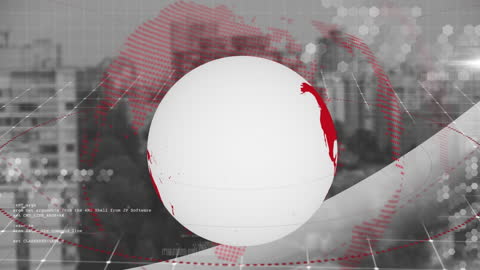 Abstract Digital Globe with Data Overlay on Cityscape Background