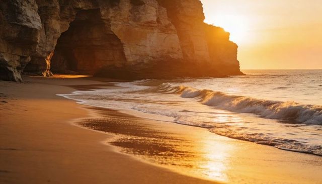 Golden sunset sea cave with reflective wet sand and gentle surf at rocky coastal cove
