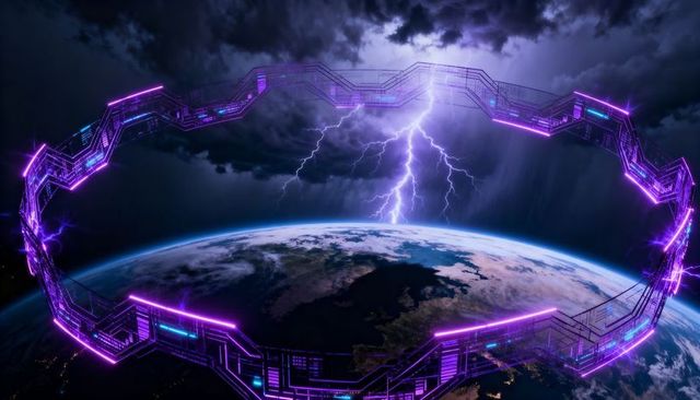 Futuristic neon orbital ring hovering above earth emitting purple lightning and energy