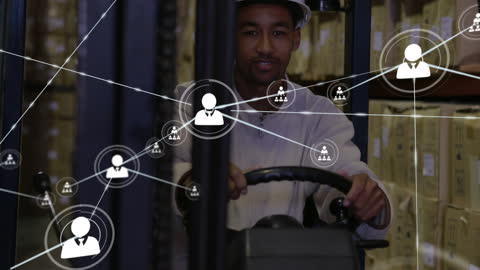Warehouse Worker Operating Forklift Amid Digital Network