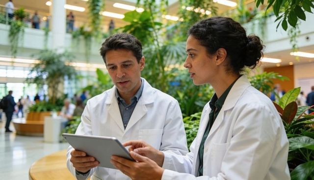 Consulting doctors reviewing tablet in sunlit hospital atrium with lush indoor plants