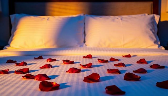 Romantic hotel king bed with red rose petals on crisp white striped sheets at dusk