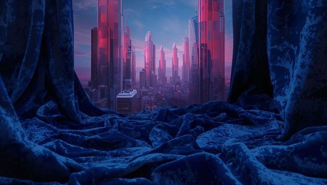 Velvet-draped penthouse window framing neon glass skyscrapers at magenta dusk