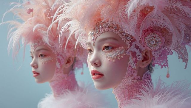 Elegant Fantasy Portraits of Women in Pink Feather and Lace Couture