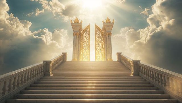 Elegant Marble Staircase Leading to Golden Heavenly Gates