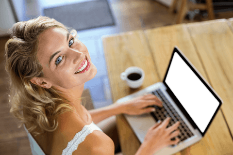 Transparent Joyful Woman Typing on Laptop with Coffee - Download Free Stock Videos Pikwizard.com