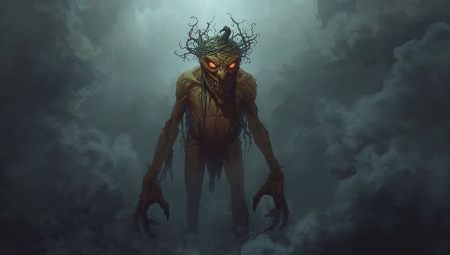 Tree-like creature with glowing eyes amid eerie fog