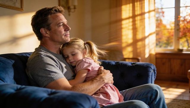 Father cradling sleeping daughter on deep-blue sofa bathed in golden afternoon sunlight