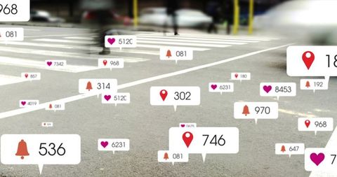 Ar notification badges hovering over city crosswalk with location pins and alert icons