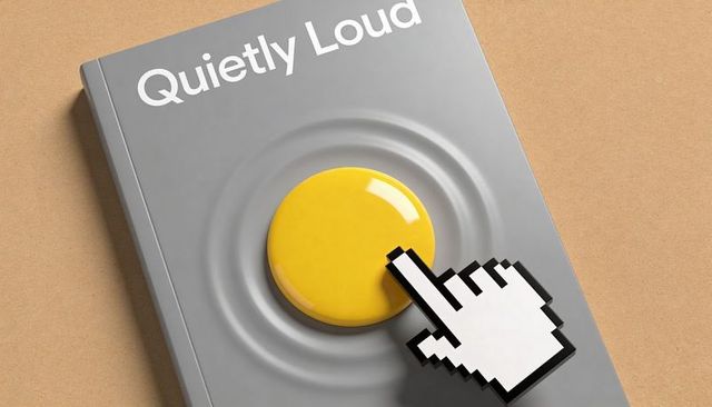 8-bit cursor pressing yellow button on quietly loud cover with embossed tactile design