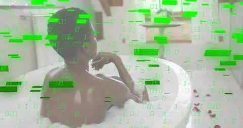 Woman Enjoying Relaxing Bath with Digital Glitch Effect