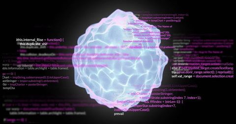 Glowing 3d data orb rippling cyan violet wireframe with floating white magenta code