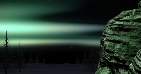 this scene showcases the captivating aurora borealis illuminating a serene, snow-covered winter landscape under a starry night sky. the vibrant green auroras create a magical and ethereal atmosphere, perfect for conveying themes of beauty in nature, mystery, and peace. ideal for use in holiday greeting cards, nature documentaries, travel brochures highlighting natural phenomena, and educational materials about atmospheric conditions and astronomy.