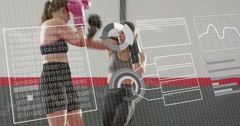 Two Women Sparring in Boxing Training with Digital HUD Analytics and Cardio Tracking
