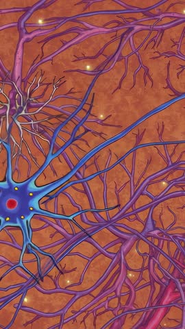 Vertical video panning over blue neuron in orange brain with glowing synaptic signals