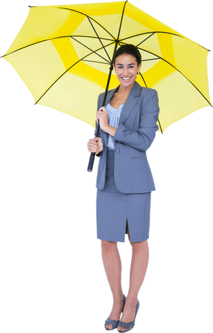 Businesswoman holding yellow umbrella transparent background