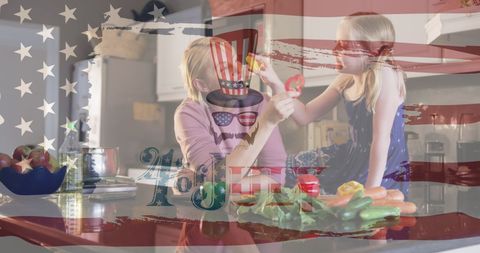 Mother and Daughter Celebrate American Independence Day at Home
