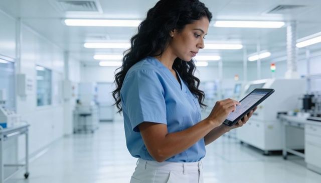 Female lab technician using tablet to verify diagnostic results in sterile clinical lab