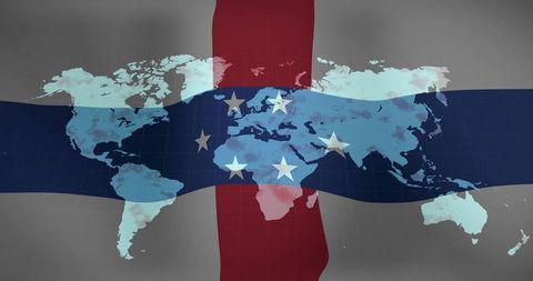 Global geopolitics world map over navy stripe and red vertical band with stars