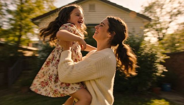 Spinning laughing mother lifting daughter in sunlit backyard, family joy and play