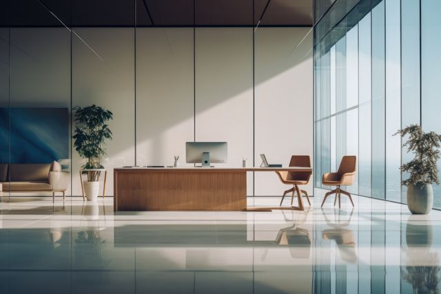 Modern bright office space with large windows, created using generative ai technology. Modern office, interior design and workplace decor concept digitally generated image.