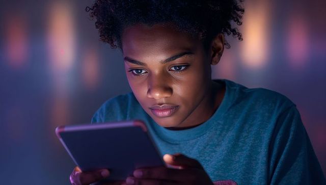Teen Engaged with Tablet in Room with Ambient LED Bokeh