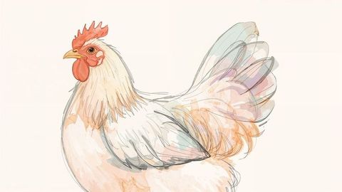 Minimalist illustration of white cartoon chicken with pastel feather accents