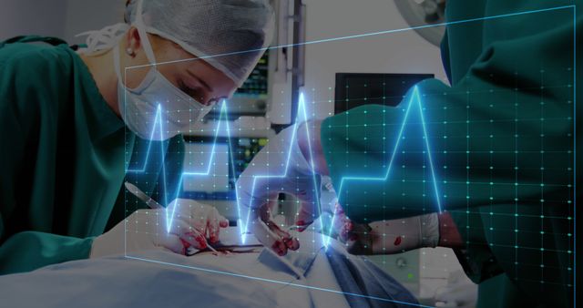 Shows surgeons performing delicate surgical procedure with digital heartbeat overlay indicating vital stats. Suitable for depicting advancements in medical technology, healthcare innovations, hospital settings, or promotional materials for medical centers.