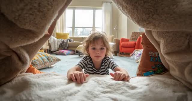 Child's Adventure Peeking Inside Cozy Blanket Fort