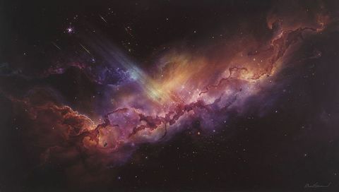 Glowing Interstellar Nebula Stretching Across Cosmos with Dust Lanes and Star Clusters