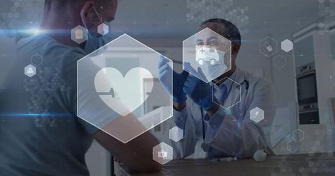 Doctor administering vaccine to patient with syringe and digital medical icons in clinic
