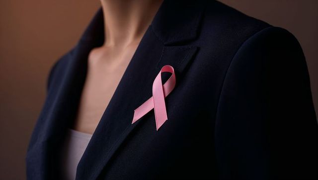 Breast cancer awareness: elegant pink ribbon on blazer