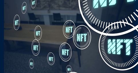 NFT Digital Tokens Floating Above Office Conference Table