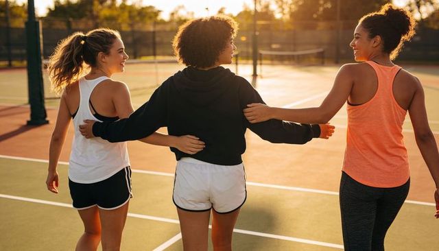 Three women walking arm in arm on sunlit tennis court at golden hour, fitness friendship