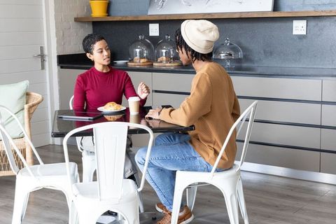 Two african american friends chatting over coffee and pastry at modern kitchen-style cafe