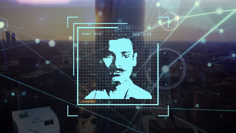 Futuristic Digital Facial Recognition Interface over Cityscape