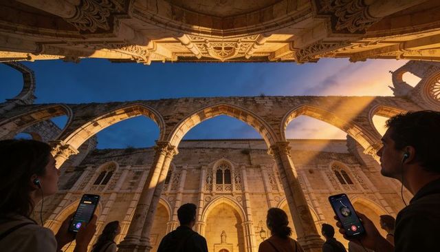 Dusk visitors admiring illuminated gothic cloister arches with smartphones and earbuds tour