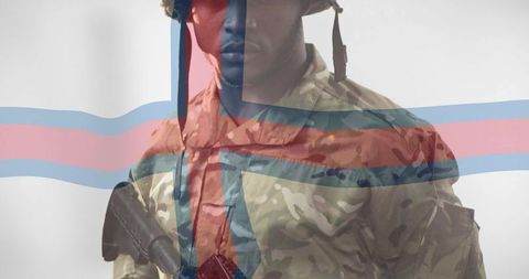 Soldier Holding Rifle in Camouflage Uniform with Translucent Flag Overlay Expressing Loyalty