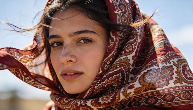 Sunlit close-up portrait of young woman wearing paisley shawl, wind-blown scarf detail