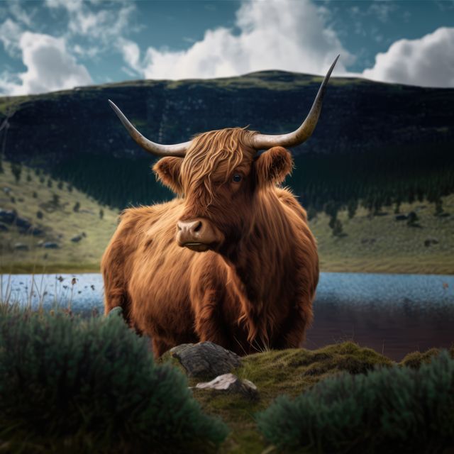 Portrait of highland cow standing in grass in mountains, created using generative ai technology. Cow, animal and nature concept digitally generated image.