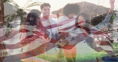Joyful Friends Dancing In Backyard With Flag Overlay